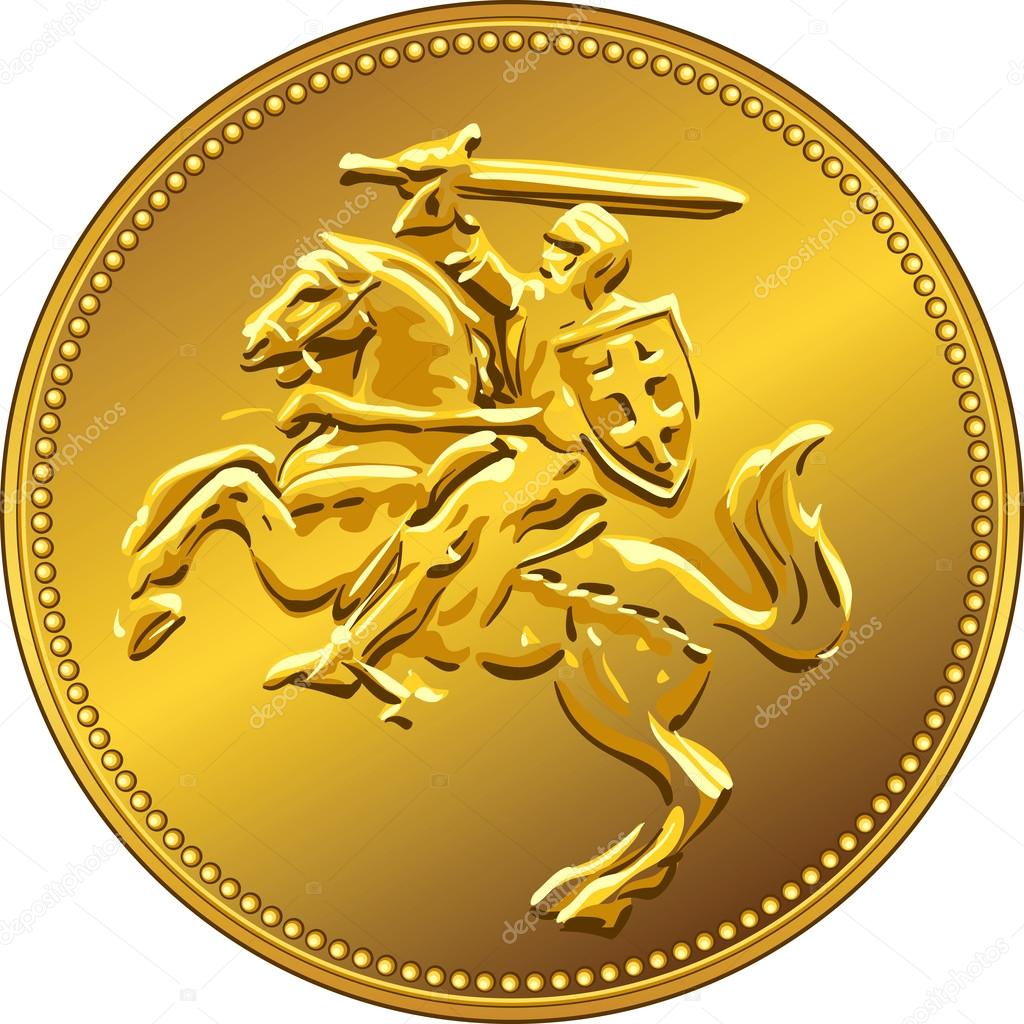 Gold money coin with depicting the equestrian knight with sword raised (Pahonia)
