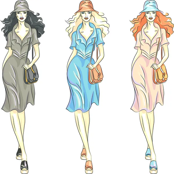 Векторная мода девушек топ-моделей в платьях и шляпах — стоковый вектор