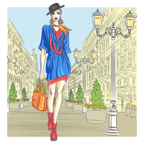 Vector attractive fashion girl goes for St. Petersburg — Stock Vector