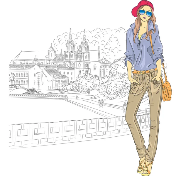 Vector sketch of a fashion stylish girl in the old city — Stock Vector