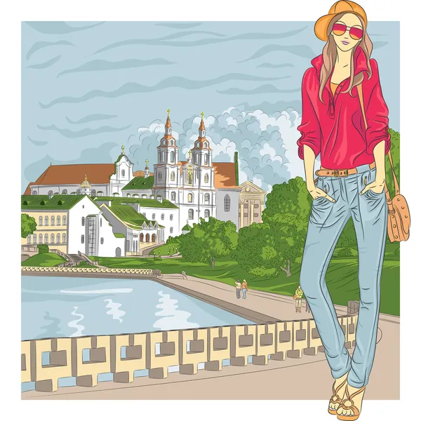 Vector sketch of a fashion stylish girl in the old city — Stock Vector