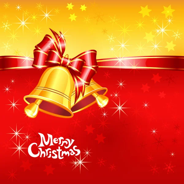 Tarjeta de felicitación vectorial con campanas de Navidad, arco y copos de nieve — Vector de stock
