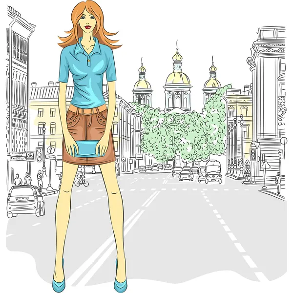 Vektor schöne Mode Mädchen Topmodel auf der Straße in St. pet — Stockvektor