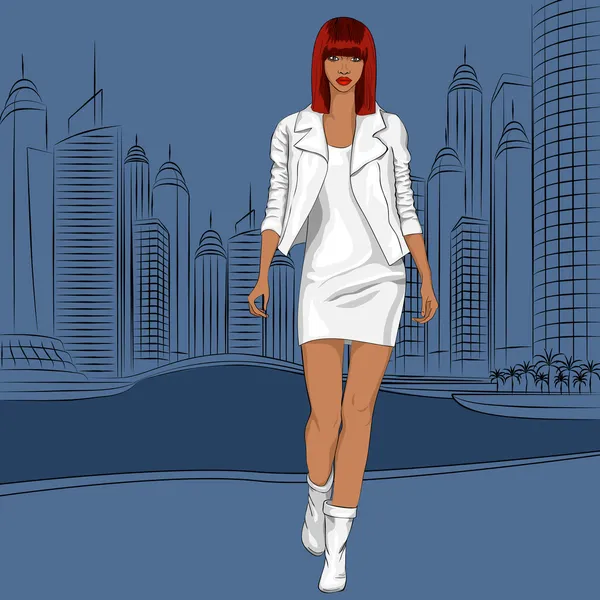 Vector beautiful black girl walks along the waterfront Stock Illustration