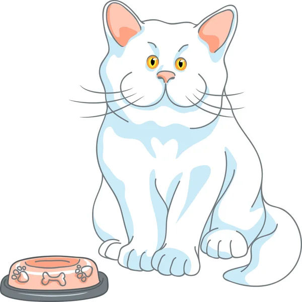 Vector hungry cute white cat with empty bowl — Stock Vector