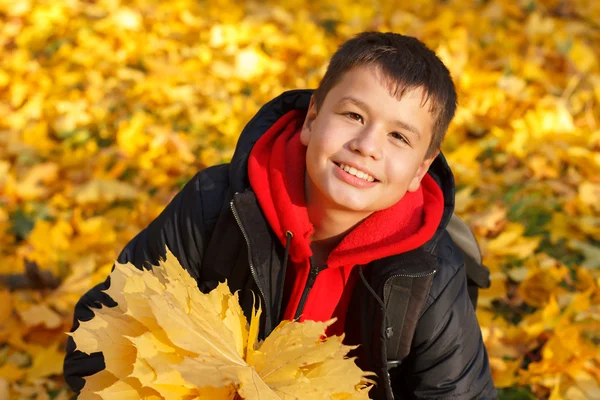 Heureux garçon souriant avec des feuilles d'automne — Photo