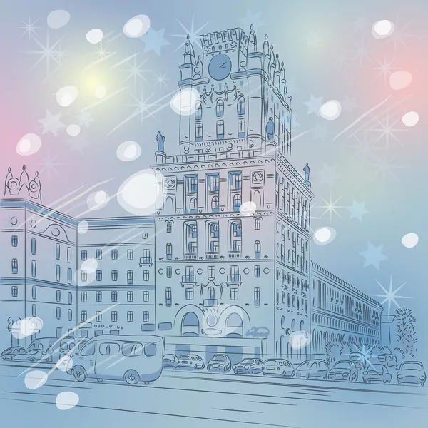 Cidade de inverno de vetor de Natal de um centro da cidade —  Vetores de Stock