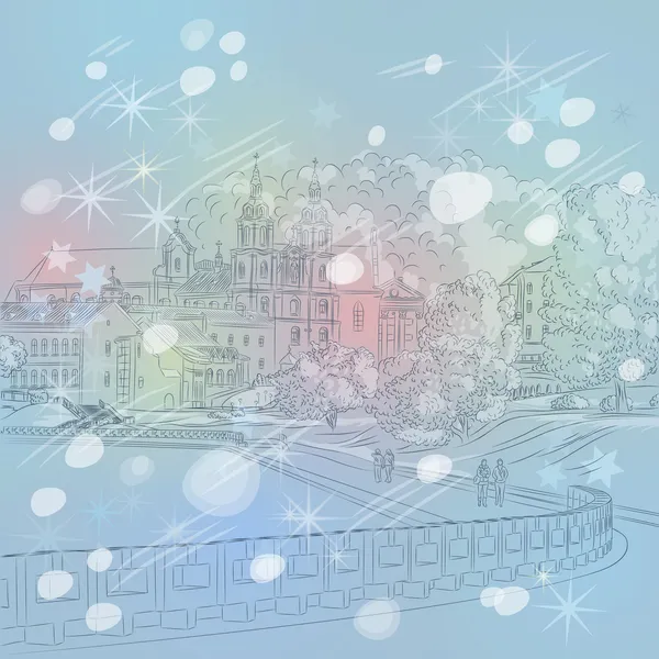 Vector winter Christmas cityscape with church and river — Stock Vector