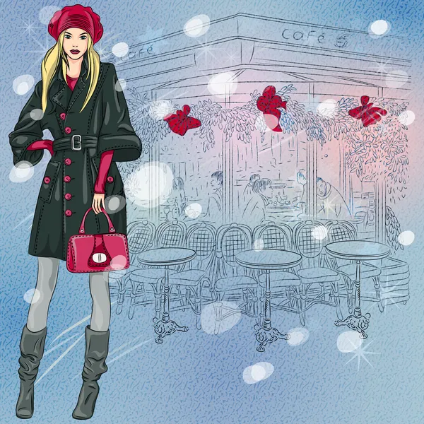 Vector beautiful fashionable girl near the Christmas Parisian ca — Stock Vector