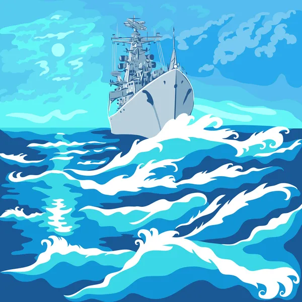 Vector seascape with a warship — Stock Vector