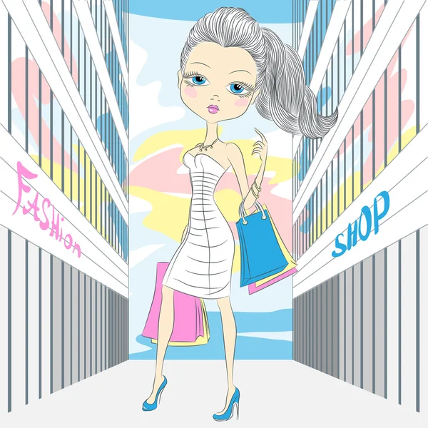 Vector hermosa moda chica de compras — Vector de stock