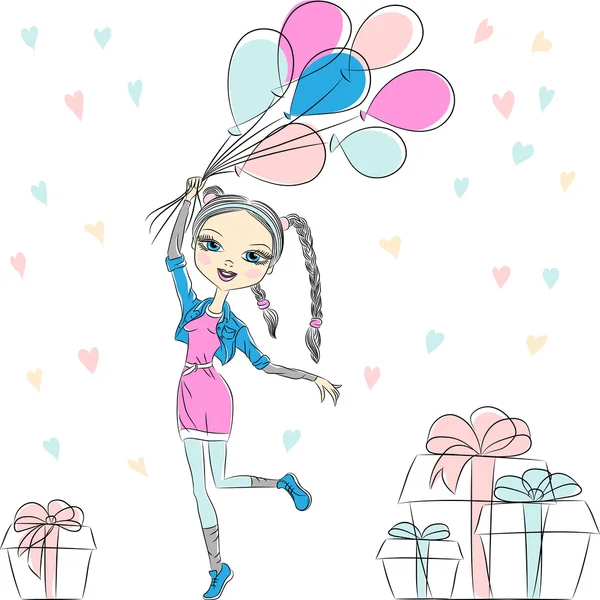Vector hipster ragazza di moda con palloncini multicolori — Vettoriale Stock