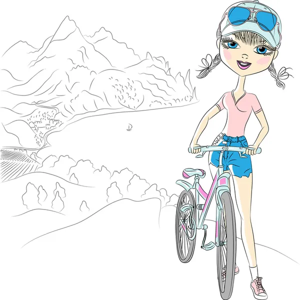 Vector hipster girl tourist with bicycle — Stock Vector