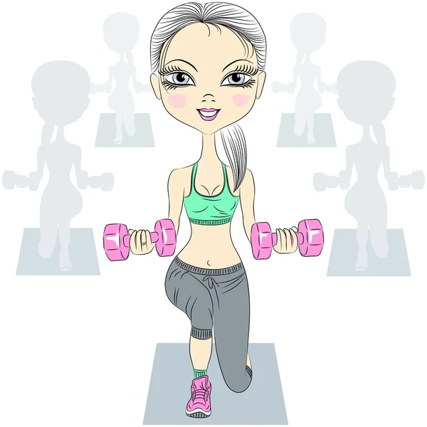 Vecteur fitness filles levant haltères dans la salle de gym — Image vectorielle