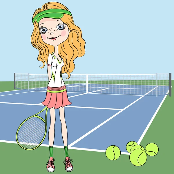 Vector meisje tennisser op de tennisbaan met racket — Stockvector