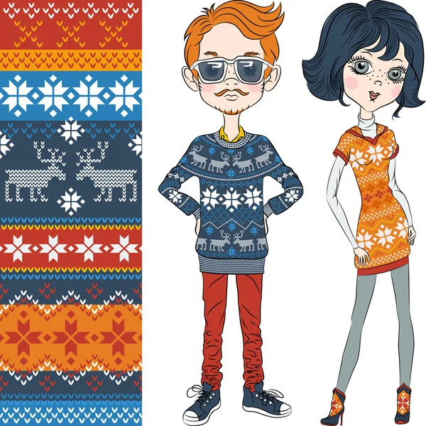 Vector fashion hipster boy and girl in knitted sweaters — Stock Vector