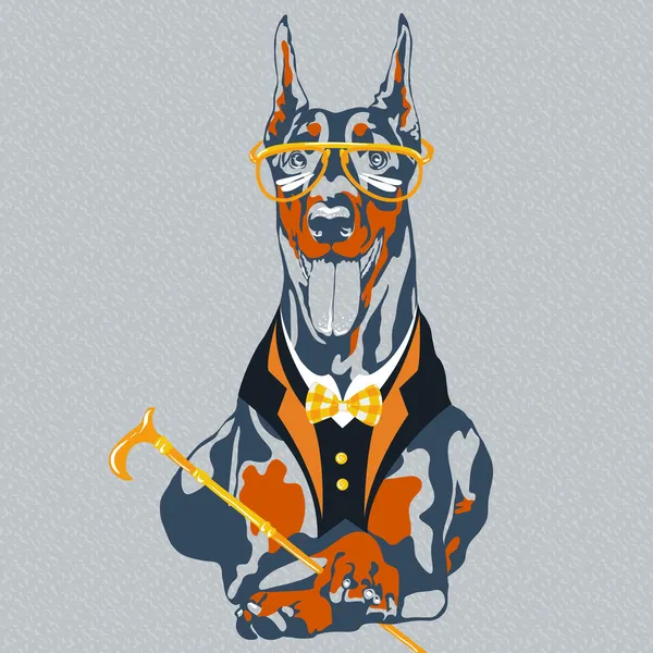 Vector funny cartoon hipster dog Doberman Pinscher breed — Stock Vector