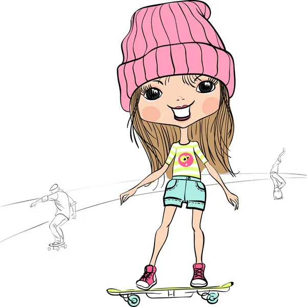 Vector moda hipster bebê menina no skate —  Vetores de Stock