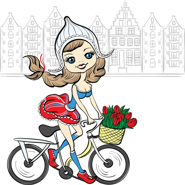 Vector fille mignonne sur le vélo à Amsterdam — Image vectorielle