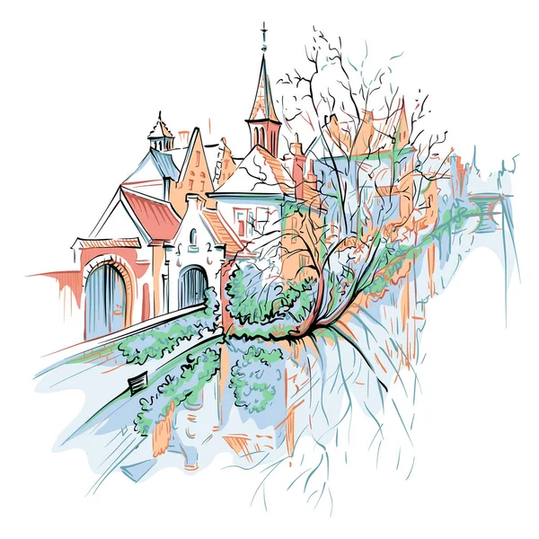 Брюгге канал с красивыми домами — стоковый вектор