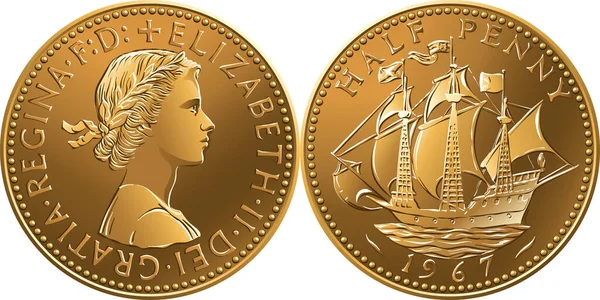 Векторная Британская Монета Один Старый Полпенни Галеоном Обороте Королевой Аверсе — стоковый вектор