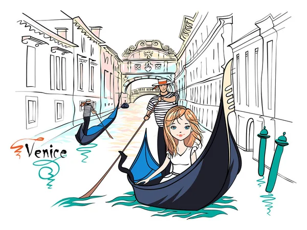 Cute Beautiful Fashion White Girl Gondola Venice Italia Bridge Sighs — Stock vektor