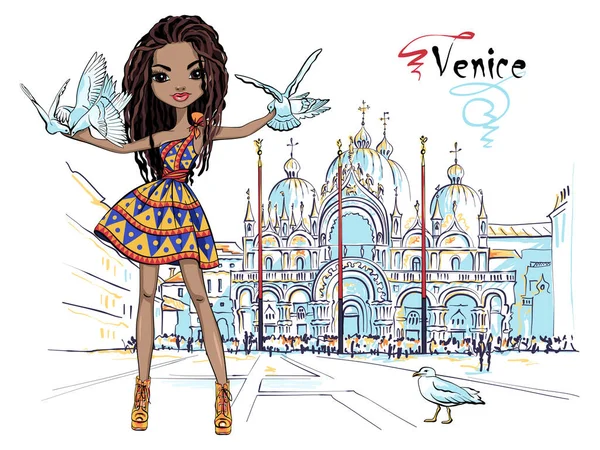 Cute Beautiful Fashion African Girl Pigeons Seagull Mark Square Venice — Vector de stock
