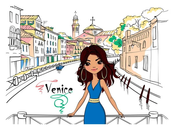 Schattig Mooi Mode Latino Meisje Venetië Italia — Stockvector