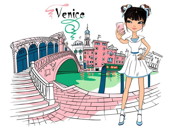 Cute Beautiful Fashion Asian Girl Rialto Bridge Grand Canal Venice — Stockvector