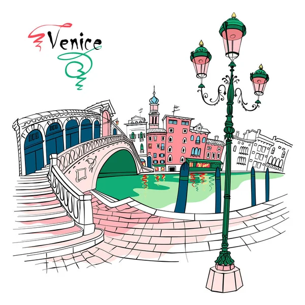 Vector Typical Venetian Streetlight Rialto Bridge Grand Canal Venice Italia — Stockový vektor