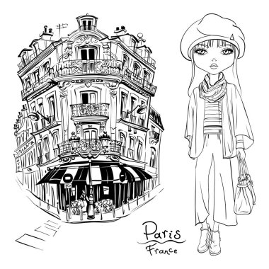 Vector cute girl on a paris street in Paris, France. Black and white illustration for coloring book. clipart