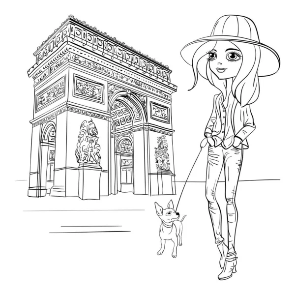 Fashionable Hipster Girl Tourist Cute Dog Paris Black White Illustration — 스톡 벡터