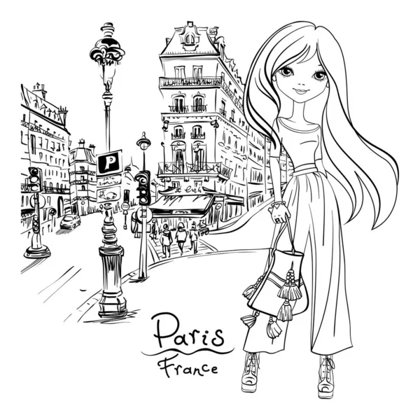 Vector Cute Brunette Girl Paris Street Paris France Black White — стоковый вектор