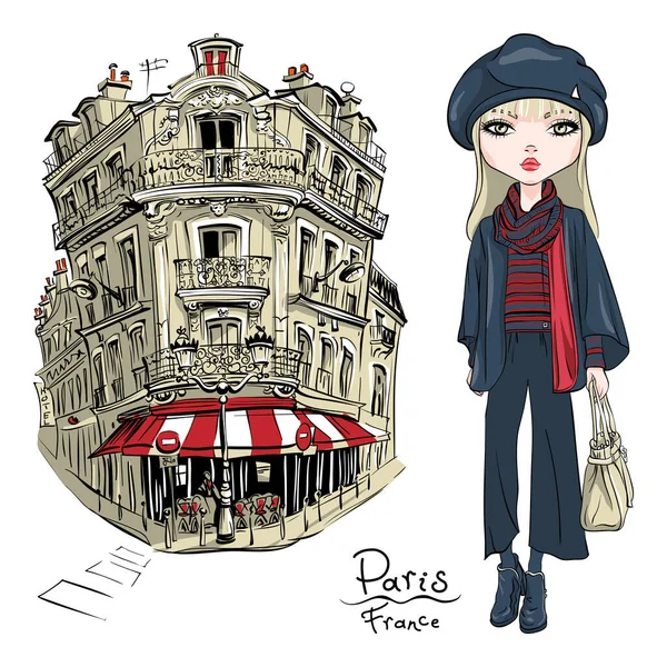 Vector Cute Blond Girl Autumn Clothes Headscarf Boots Jacket Jeans —  Vetores de Stock