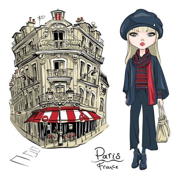 Vector Cute Blond Girl Autumn Clothes Headscarf Boots Jacket Jeans — 图库矢量图片