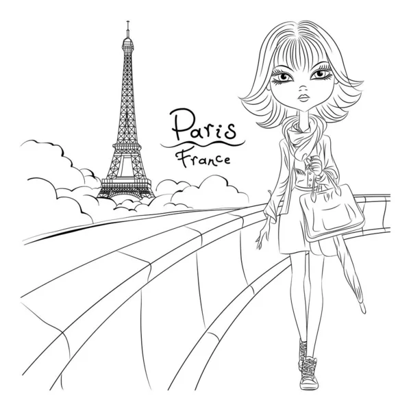 Beautiful Girl Walking Overlooking Eiffel Tower Paris Black White Illustration — Διανυσματικό Αρχείο