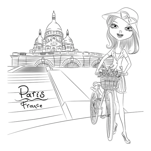 Beautiful Fashion Girl Basket Flowers Bike Quarter Montmartre Paris France — Vector de stock