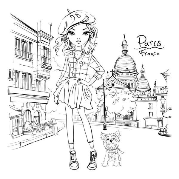Vector Cute Girl Quarter Montmartre Paris France Black White Illustration — Stock vektor
