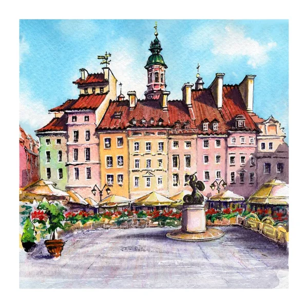 Watercolor sketch of Old Town Market Place in Warsaw Old town, Poland.