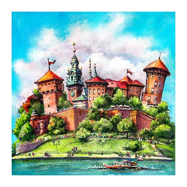 Watercolor Sketch Wawel Castle Wawel Hill Seen Vistula Krakow Poland — Zdjęcie stockowe