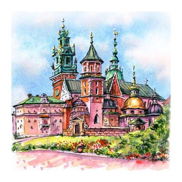 Υδατογραφία Σκίτσο Του Wawel Castle Στην Κρακοβία Πολωνία — Φωτογραφία Αρχείου