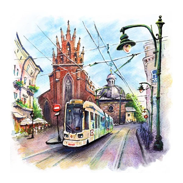 Watercolor Sketch Tram Holy Trinity Church Krakow Poland — Stock Fotó