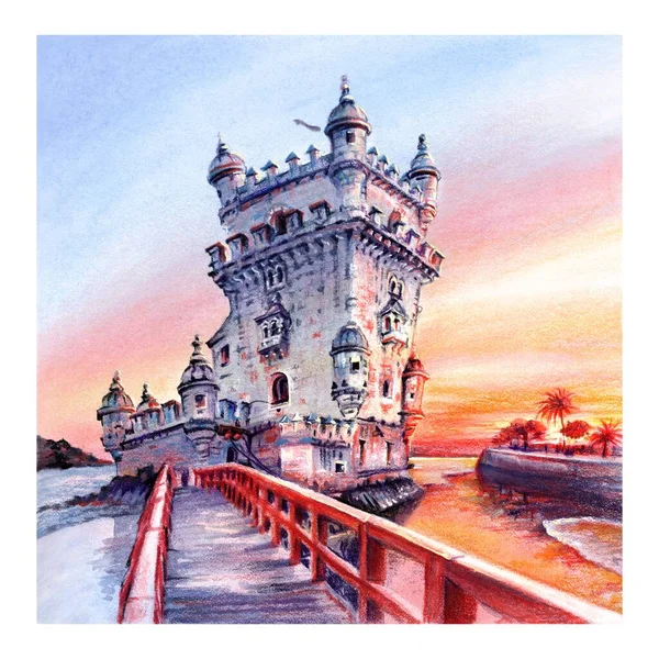 Watercolor Sketch Belem Tower Scenic Sunset Lisbon Portugal — Zdjęcie stockowe