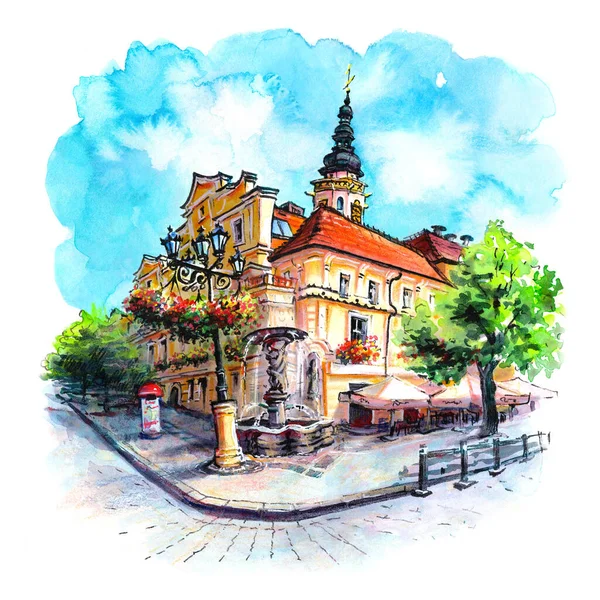 旧市街スウィドニカ シレジア ポーランドのスウィドニカ市場広場の水彩画 — ストック写真