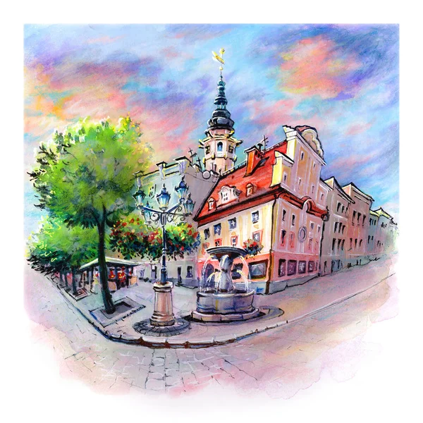 Croquis Aquarelle Place Marché Swidnica Dans Vieille Ville Swidnica Silésie — Photo