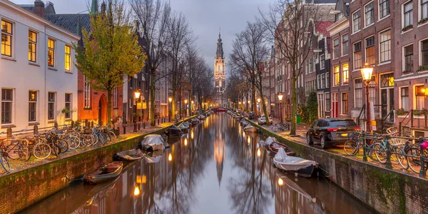 Panorama Del Canal Ámsterdam Groenburgwal Con Zuiderkerk Iglesia Del Sur —  Fotos de Stock