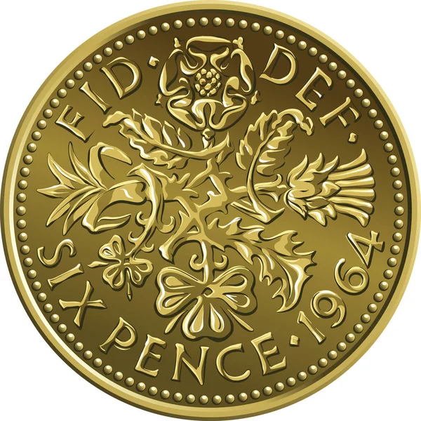 Золотая Монета Шесть Пенсов Обратная Цветочному Дизайну — стоковый вектор