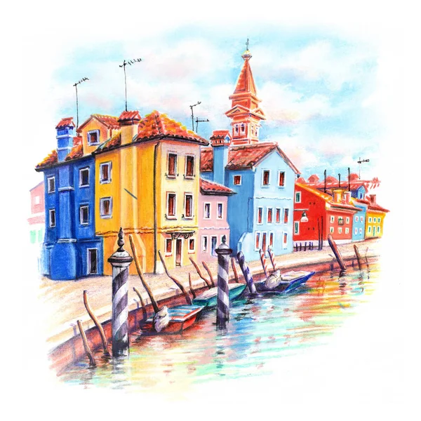 イタリア ヴェネツィア ブラーノ島の運河と明るい家の水彩画 — ストック写真