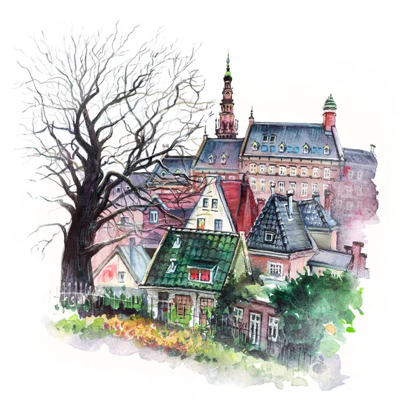 オランダ オランダ ライデン旧市街のPieterskerkのカラー水彩画 — ストック写真