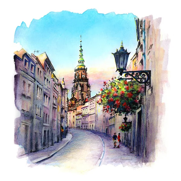 波兰西里西亚Swidnica街和大教堂的水彩画 — 图库照片